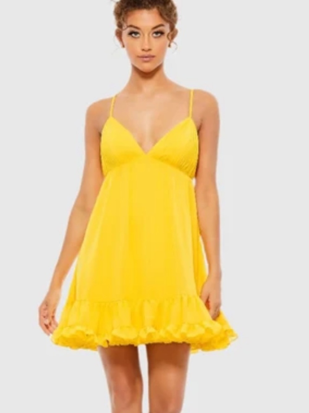 Ieena Mac Duggal Yellow Ruffle Babydoll Ruffle V-Neck Criss-Cross Mini Dress 0